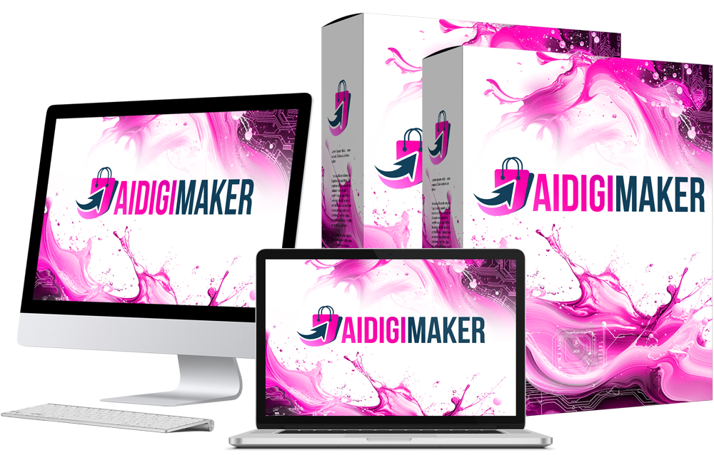 AIDigiMaker Review graphic showing AI digital product bundle and creation tools.