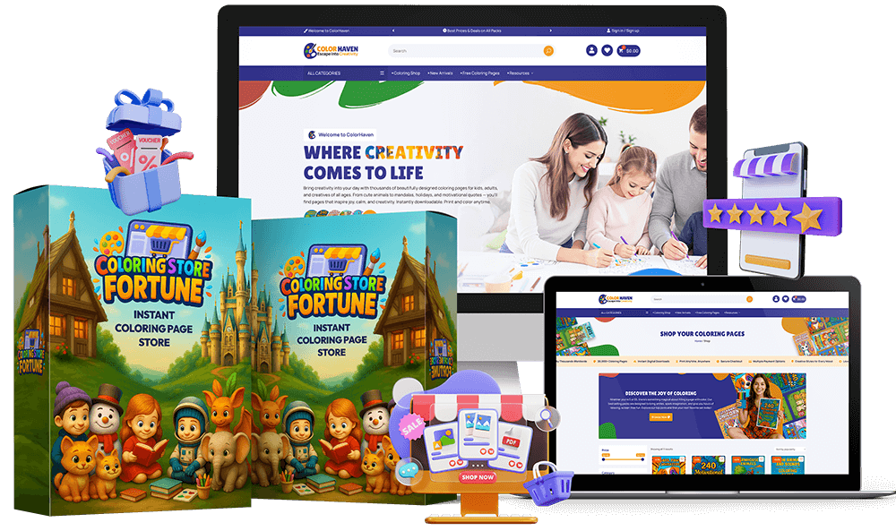 Build and launch your own coloring page store with 10,000 ready-to-sell products—no design skills needed.