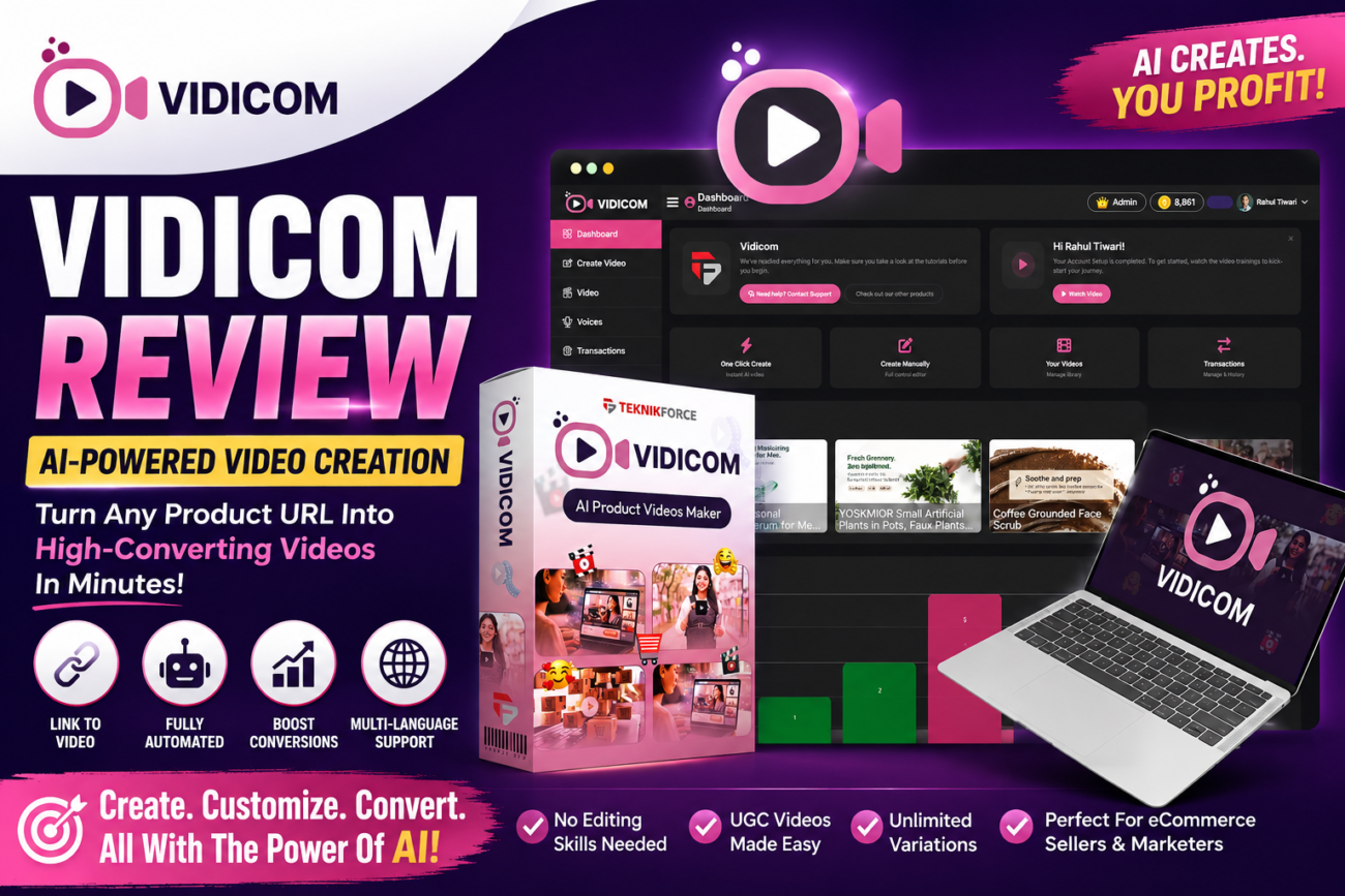 Vidicom Review 2026: AI video creator demo and download overview.