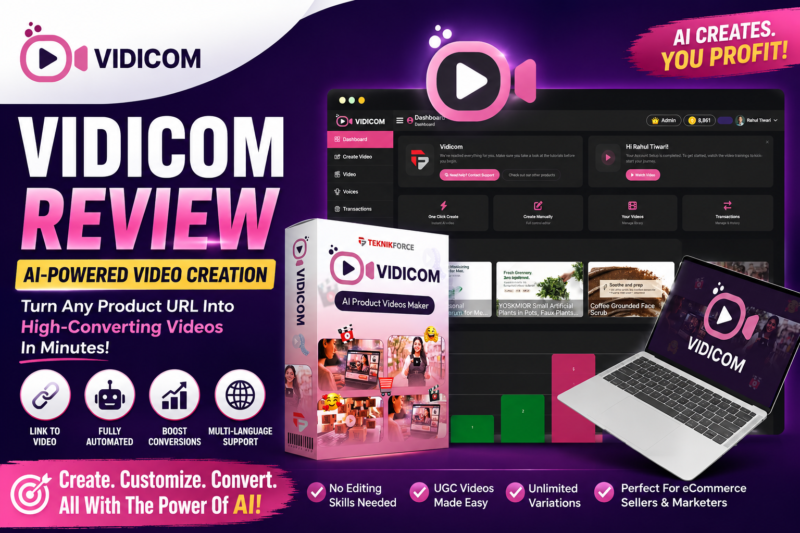 Vidicom Review 2026: AI video creator demo and download overview.